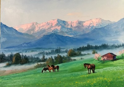 Горный пейзаж с лошадьми