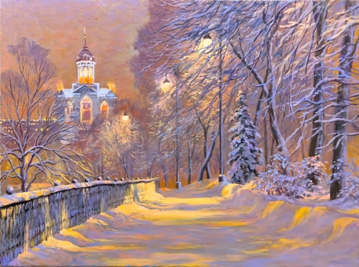 Зимний пейзаж с храмом